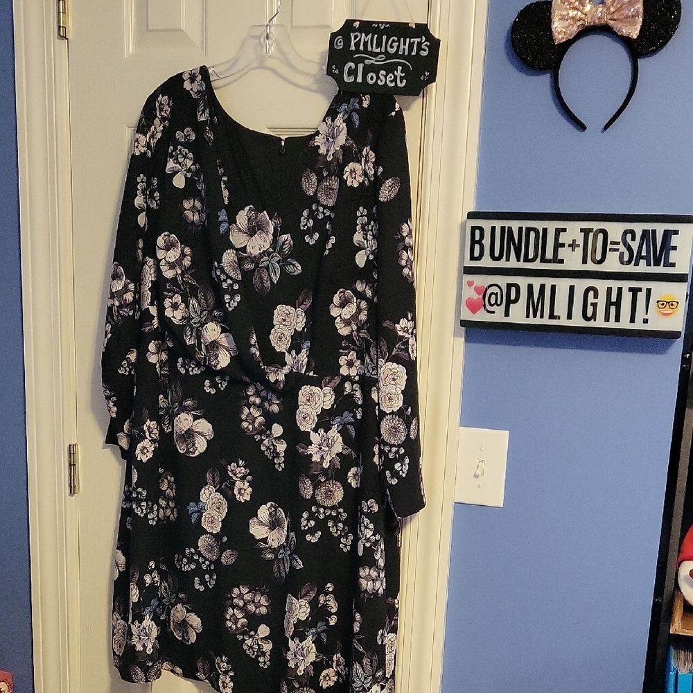 Adrianna Papell Dress 18W Black White Gray Floral